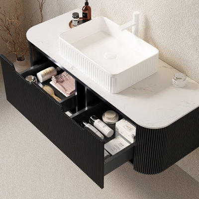 Ensemble de meuble-lavabo mural 48 po avec lavabo, lavabo à fixation murale à bords arrondis et 2 tiroirs, lavabo rectangulaire en céramique blanc, sans robinet, pré-assemblé, couleur noire