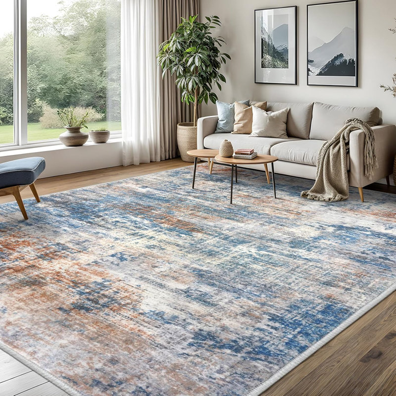 Machine Washable Rugs Abstract Non Slip Area Rugs for Living Room Bedroom, Rectangle 8' x 10', Blue/Brown/White