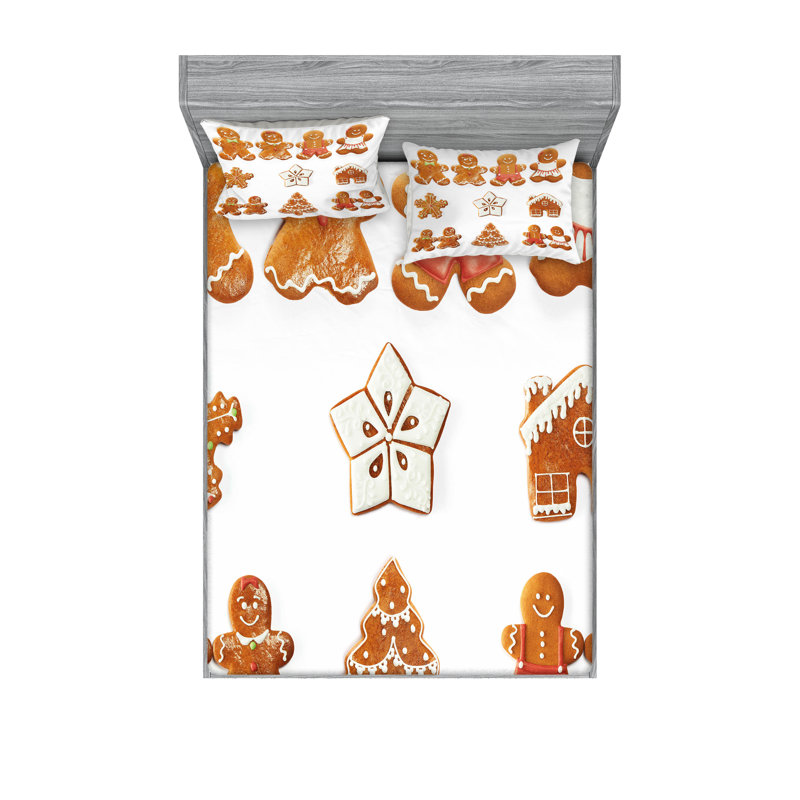Drap-housse et coussin décoratif Ambesonne Gingerbread Man brun pâle / blanc, Queen Sheet Set + 5 Additional Pieces