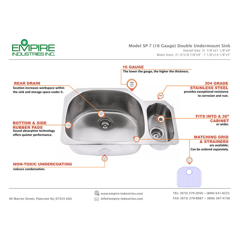32" L x 21" W Double Basin Undermount Kitchen Sink