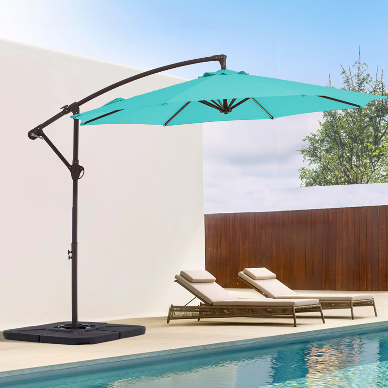 Parasol en porte-à-faux décalé en acier avec manivelle 120 po Haque, Bleu paon, H 98,4 po x l 120 po x P 120 po