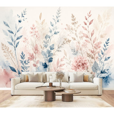 Papier peint à peler et coller, aquarelle délicate, bouquet floral, pastels bleus doux, roses, H 69 po x l 96 po, papier mural amovible en PVC, autocollant, pour le salon, la chambre, le bureau à domicile