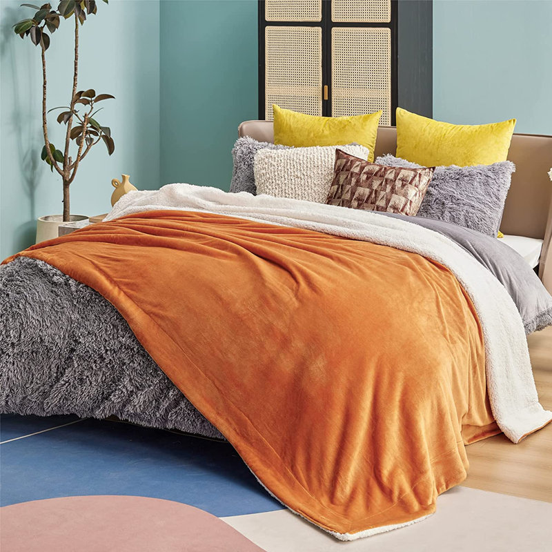 Sherpa Fleece Blanket Throw, Orange, 130 x 150cm
