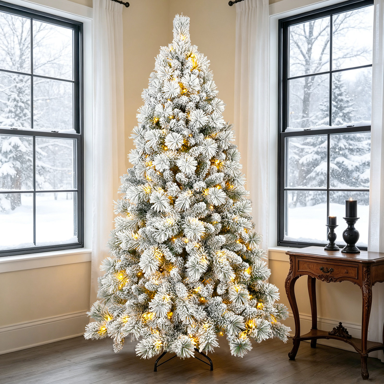 Pre-Lit Artificial Snow Flocked Christmas Tree w PVC Branches, Lights, Holiday Decor, 6'