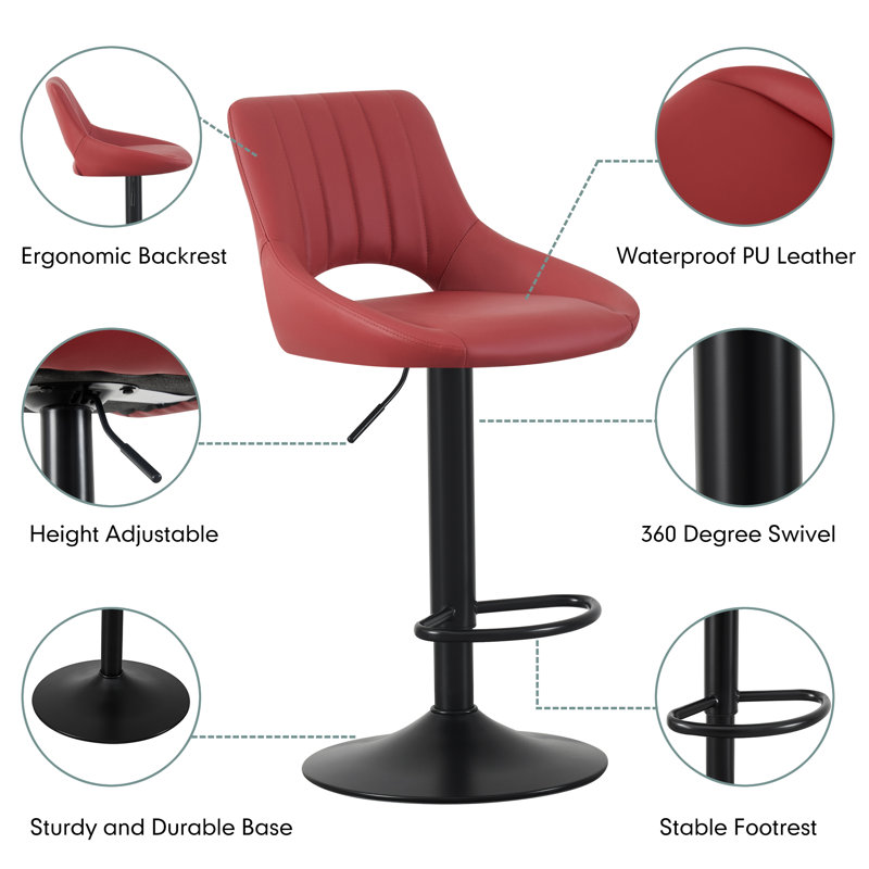 Swivel Upholstered Adjustable Height Counter Stool with Metal Frame, Red