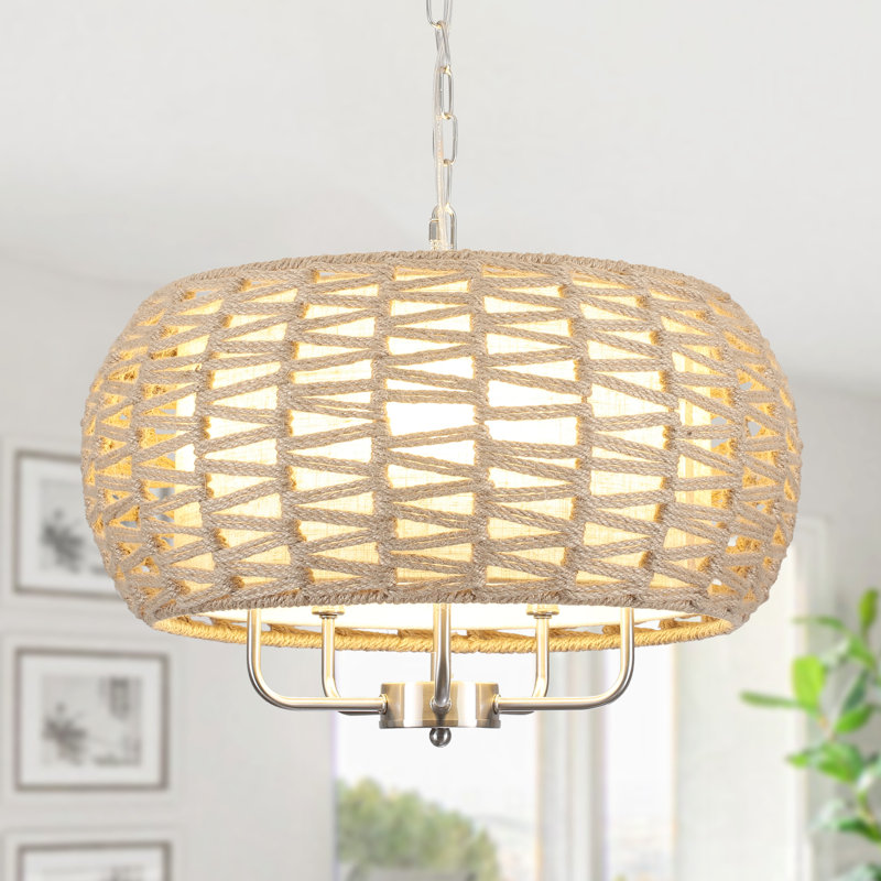 5 - Light Dimmable Drum Bohemian Hemp Rope Burlap Chandelier Hand-woven Natural Rattan Pendant, Satin Nickel