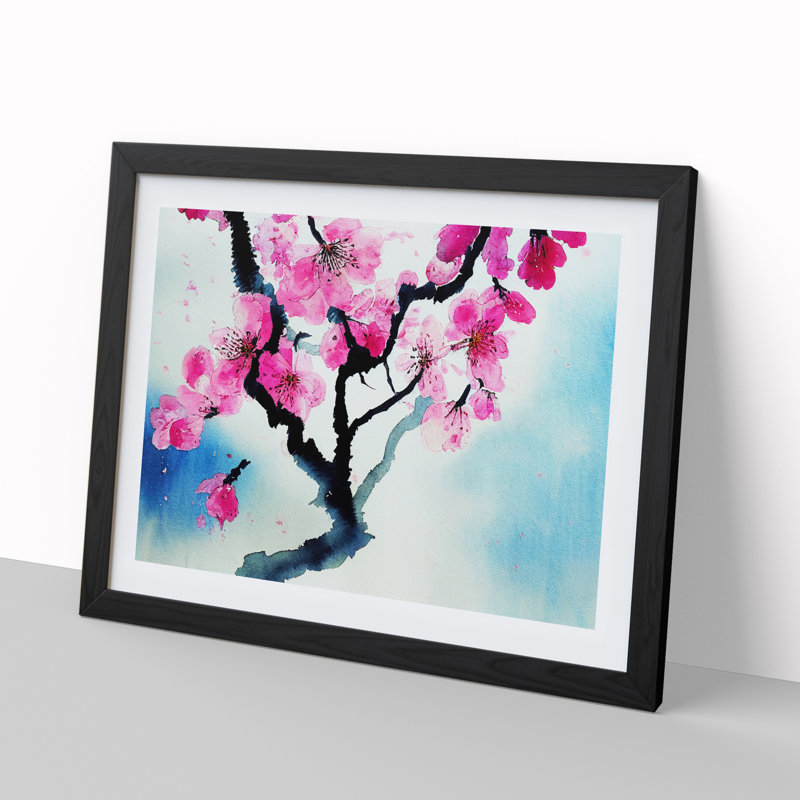 Cherry Blossom Watercolour Flowers Vol.1 - Single Picture Frame Painting, 46cm H x 64cm W x 2cm D, Black Framed