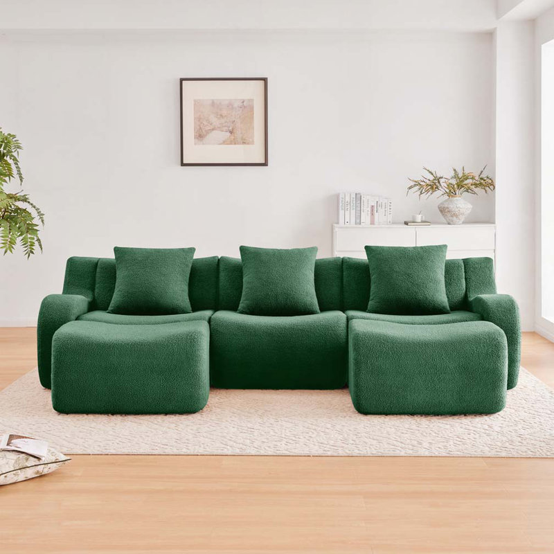 Canapé modulaire en tissu avec 2 repose-pieds Teddy, sans assemblage, Vert