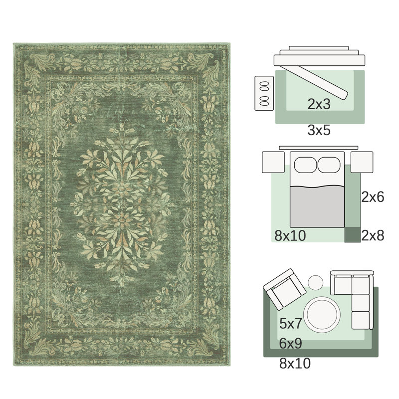 Vintage Floral Distressed Design Non-Slip Low-Pile Soft Thin Faux Wool Area Rug, Rectangle 2' x 3'