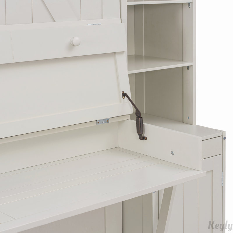Grand lit escamotable avec bureau et rangement, lit mural en bois peu encombrant avec armoires et tiroirs, brun foncé, Blanc