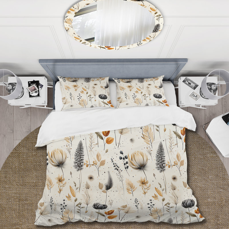 Literie à fleurs géométriques grises et beiges, Housse de couette pour très grand lit et 2 très
