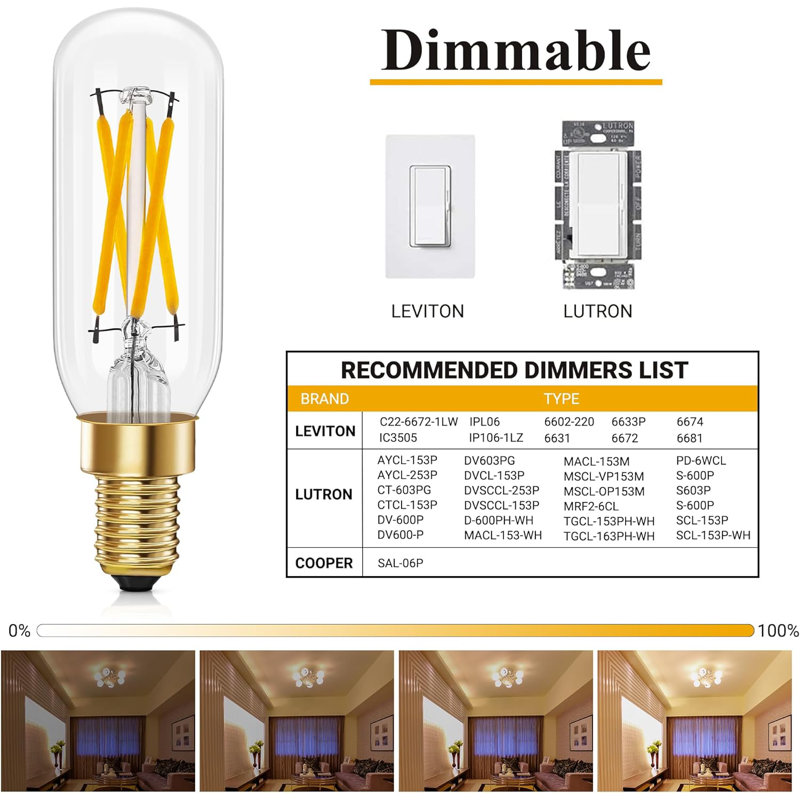 Ampoule à DEL E12 à intensité variable de 4 W, 40 W, paquet de 16, ampoules à filament DEL 400 lM, blanc chaud 2700 K, IRC 85 et plus