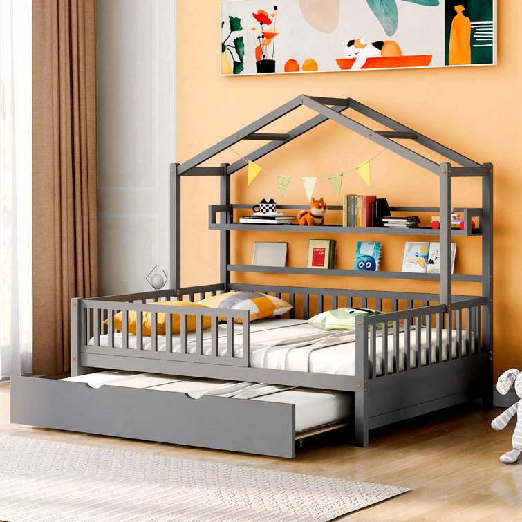 Wooden Full Size House Bed With Twin Size Trundle, Kids Bed With Shelf, Gray (2 Boxes)