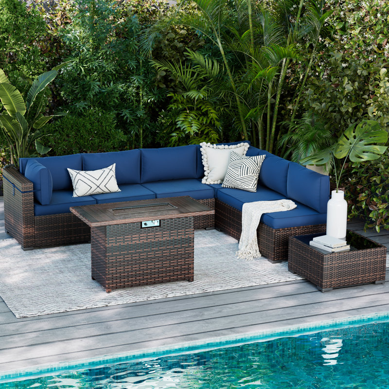 Ensemble de terrasses 8 pièces avec foyer Benboe, Structure brune / Coussin bleu marine