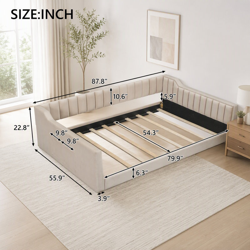 Lit de jour rembourré en velours double taille TG, beige, Lit double, Beige