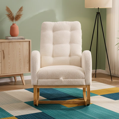 Chaise berçante de chambre de bébé avec repose-pieds rabattable, chaise berçante en tissu à haut dossier en peluche avec poche latérale, chaise longue d'appoint en bois d'hévéa, blanc crème
