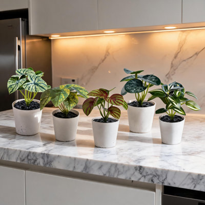 5 PCS Artificial Potted Green Plants, Realistic Faux Tropical Plants in White Pots, Small Fake Plants for Home Office Desk Tabletop Decoration