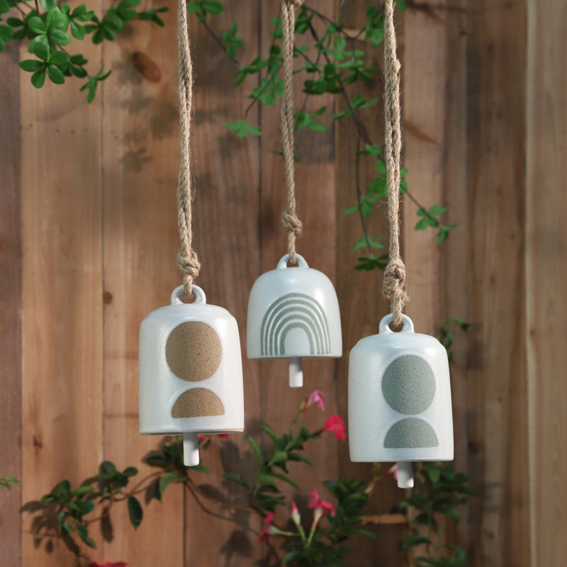 Stoneware Ceramic Windchime Bell with Textured Detail and Jute Hanger - Handcrafted Hanging Accent for Porch or Garden Decor - Single Decorative Ceramic Bell for Breezy Tones and Artful Style.