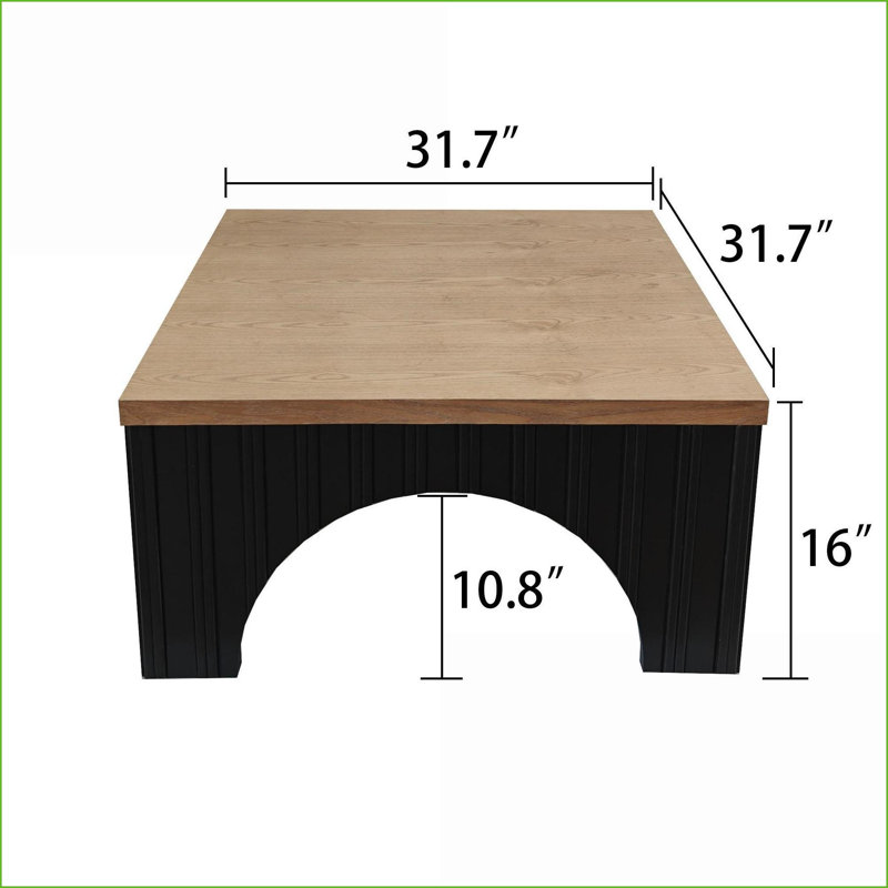Table basse de style campagnard avec base arquée noire, plateau carré spacieux de 31,7 po pour le salon