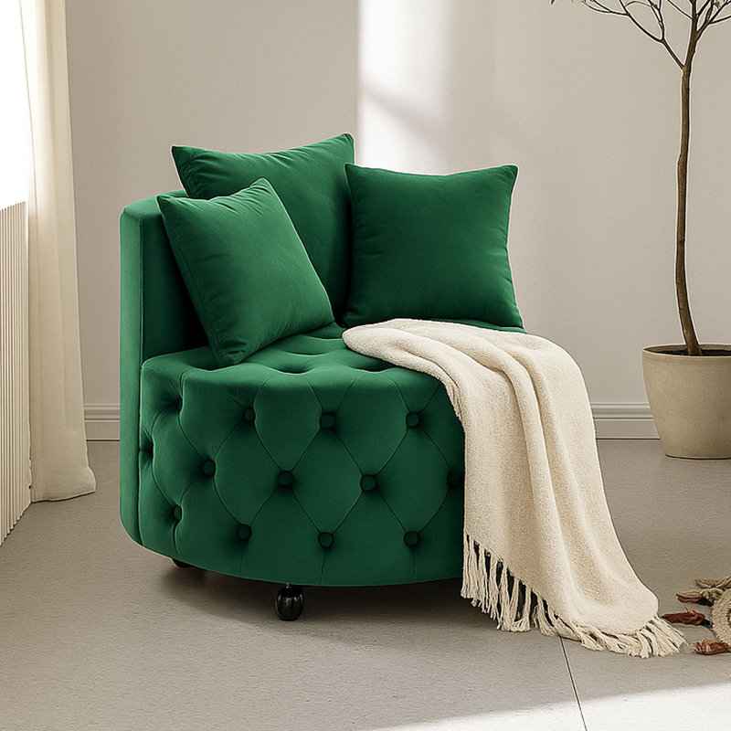 Fauteuil d'appoint touffeté rond sans accoudoirs avec roulettes et coussins moelleux, Rose