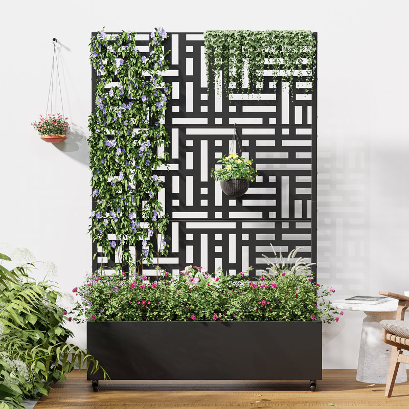 Boîte à fleurs d'extérieur individuelle en métal rectangulaire avec treillis pour plantes grimpantes