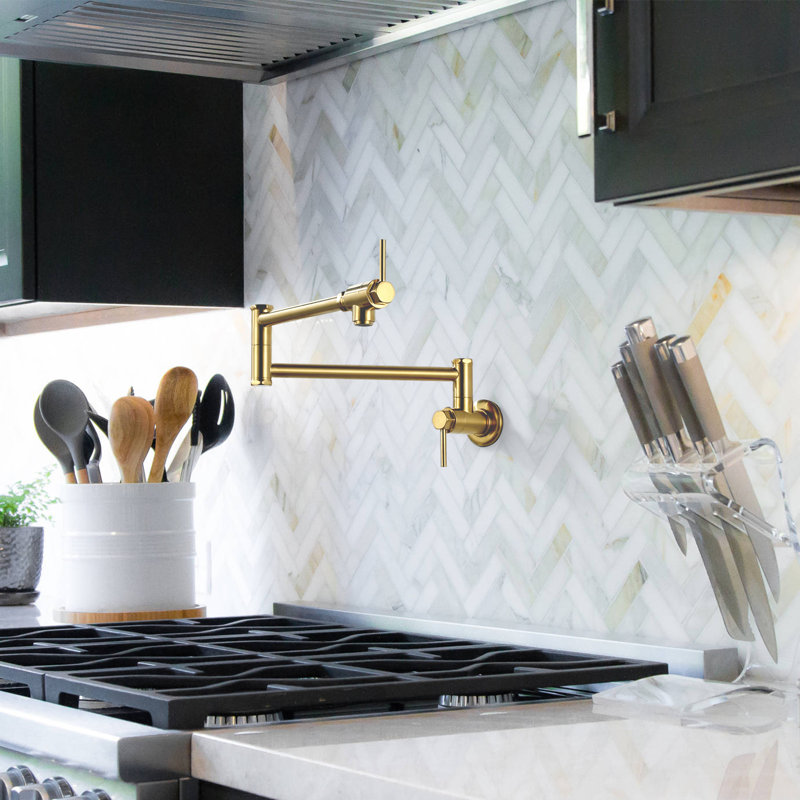 Wall Mount Pot Filler Kitchen Faucet Solid Brass With Retractable Arm, Gold