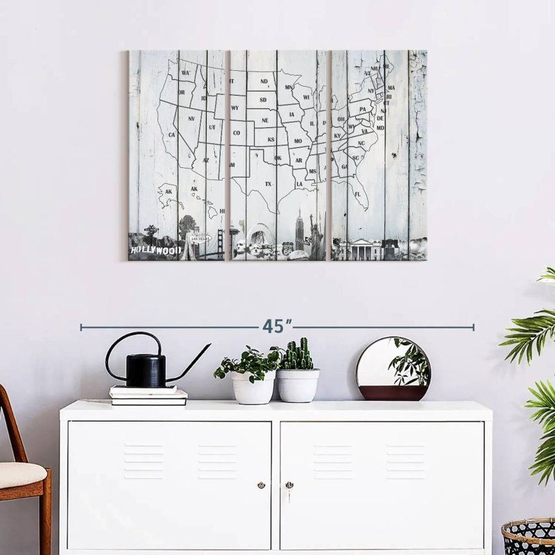 Carte des États-Unis en bois blanc, carte des États-Unis sur toile, 3 pièces, H 38 po x l 24 po x P 1 po