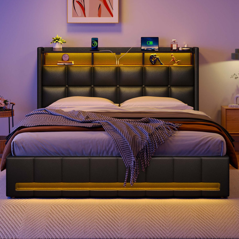 Jilissa Upholstered Bookcase Lift Up Storage Bed with Charging Station and RGB LED Lights, Black, Queen