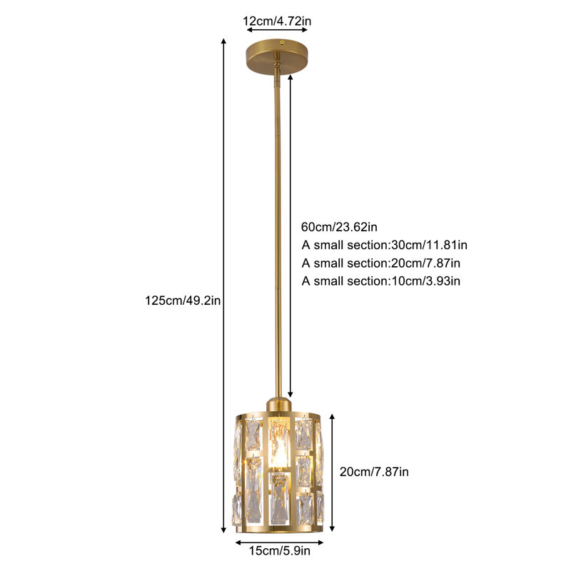 Luminaire suspendu moderne en cristal doré 1 lumière 5,9 "à hauteur réglable