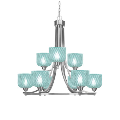 Allexus 9 Light Chandelier Brushed Nickel Finish 6" Turquoise Glass