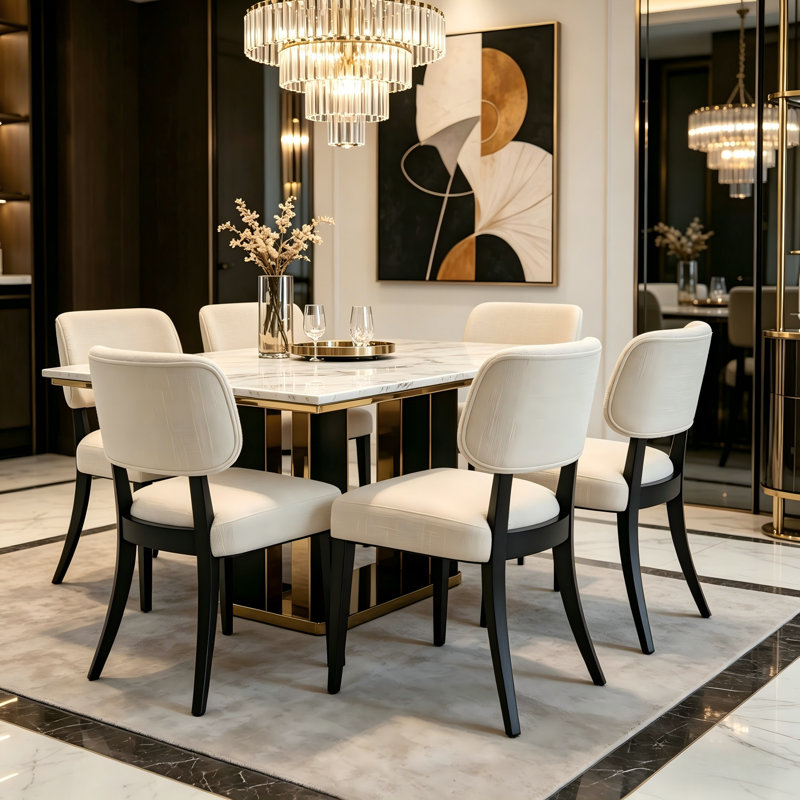 Wooden Dining Chairs Set of 6, Modern Fabric Upholstered Dining Room Chair Kitchen Chairs, Farmhouse Dinner Chair for Kitchen Dining Room 