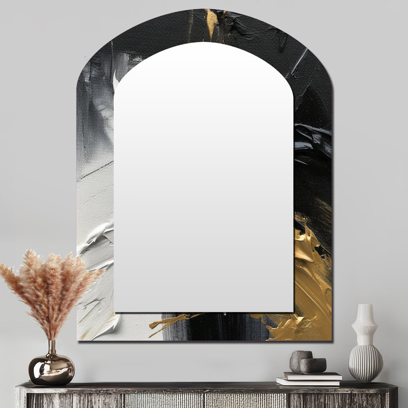Exquis Darling Gold, vague abstraite sur fond noir I - peinture abstraite grand miroir mural asymétrique, miroir arche unique moderne, impression sur métal