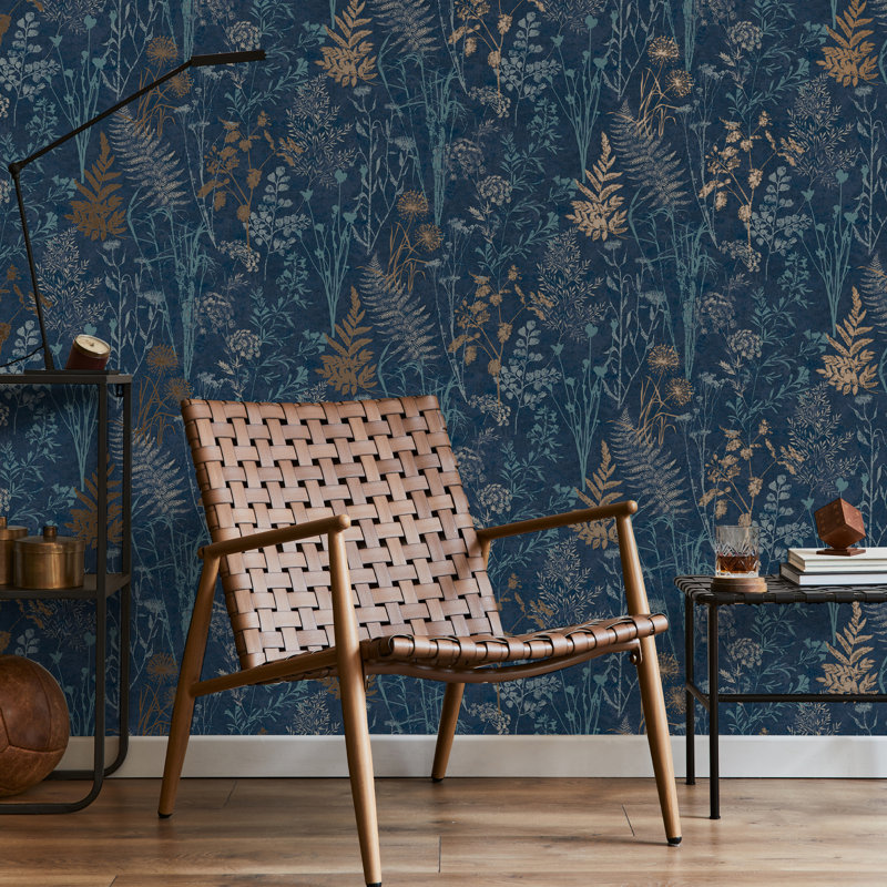 Zen Floral Metallic Wallpaper Double Roll, Navy/Copper