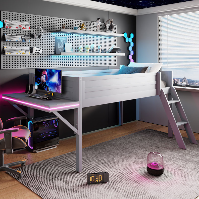 Lit mezzanine en bois avec bureau et DEL, Lit simple