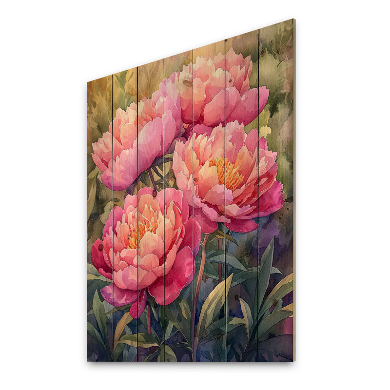 Peonies In The Vegetable Garden III - Peonies Wood Wall Decor - On Natural Pine Wood, 20" H x 10" W x 0.78" D