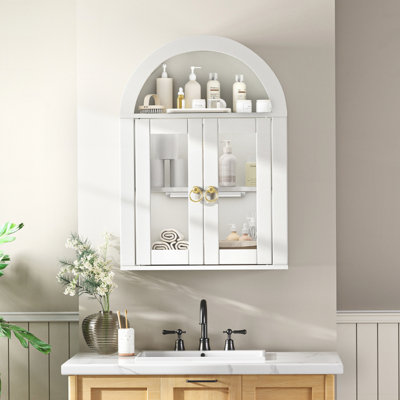 Wall Mounted Arched Cabinet with Glass Doors, Light, and Adjustable Shelves for Laundry Room, Bathroom, and Kitchen