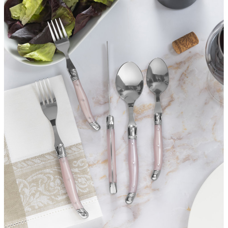 French Home Laguiole Stainless Steel Flatware Set, Service For 4 Pearl White, Light Pink