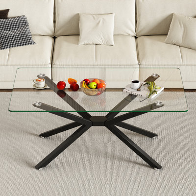 Table basse rectangulaire en verre de 39,88 po avec des pieds en métal blanc, idéale pour les présentoirs, des pieds stables et faciles à nettoyer, des pieds réglables, de superbes fêtes dans le salon, une surface facile