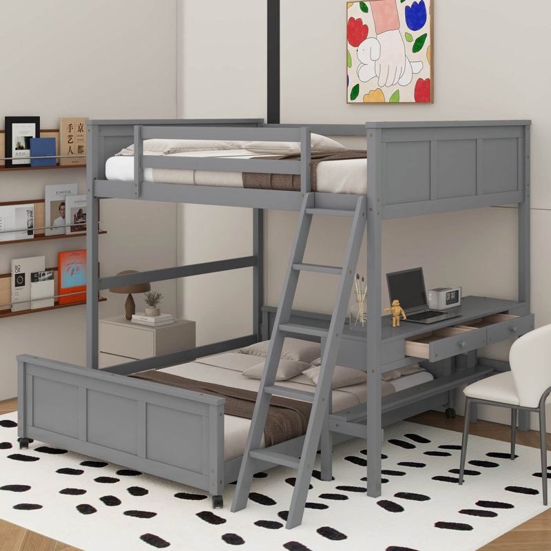 Bunk Bed With Desk, Grey, Full Over Full