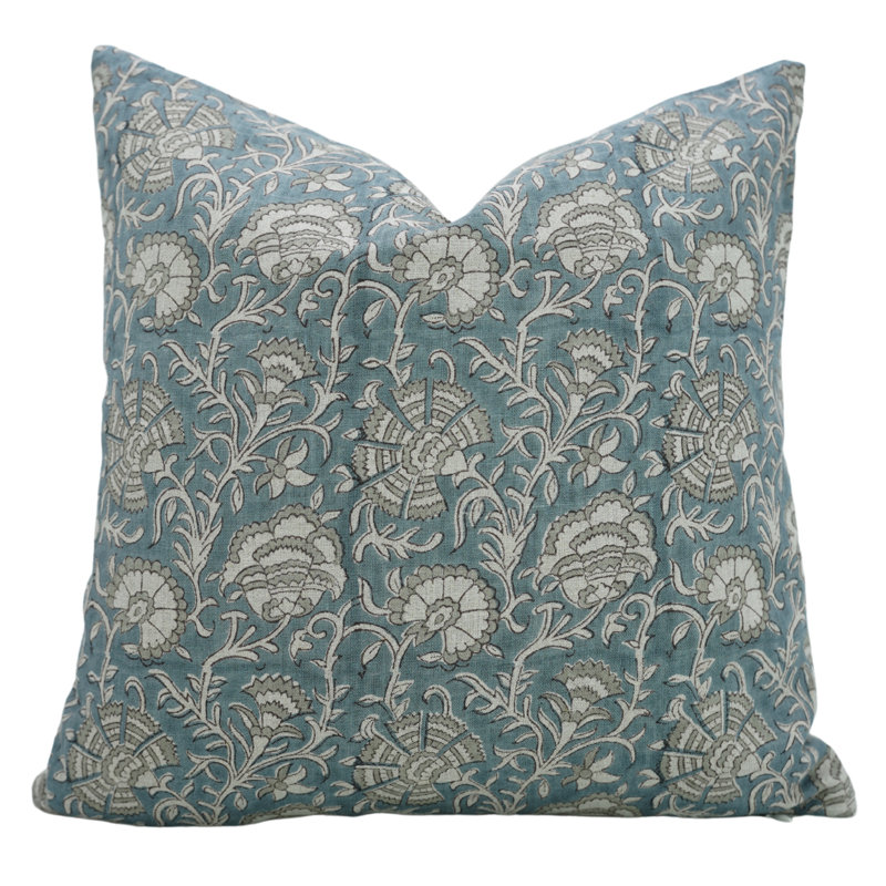Coussin à motif de fleurs fabriqué à la main Fabividine, Imprimé bloc bleu / floral 3, Carré 24 po