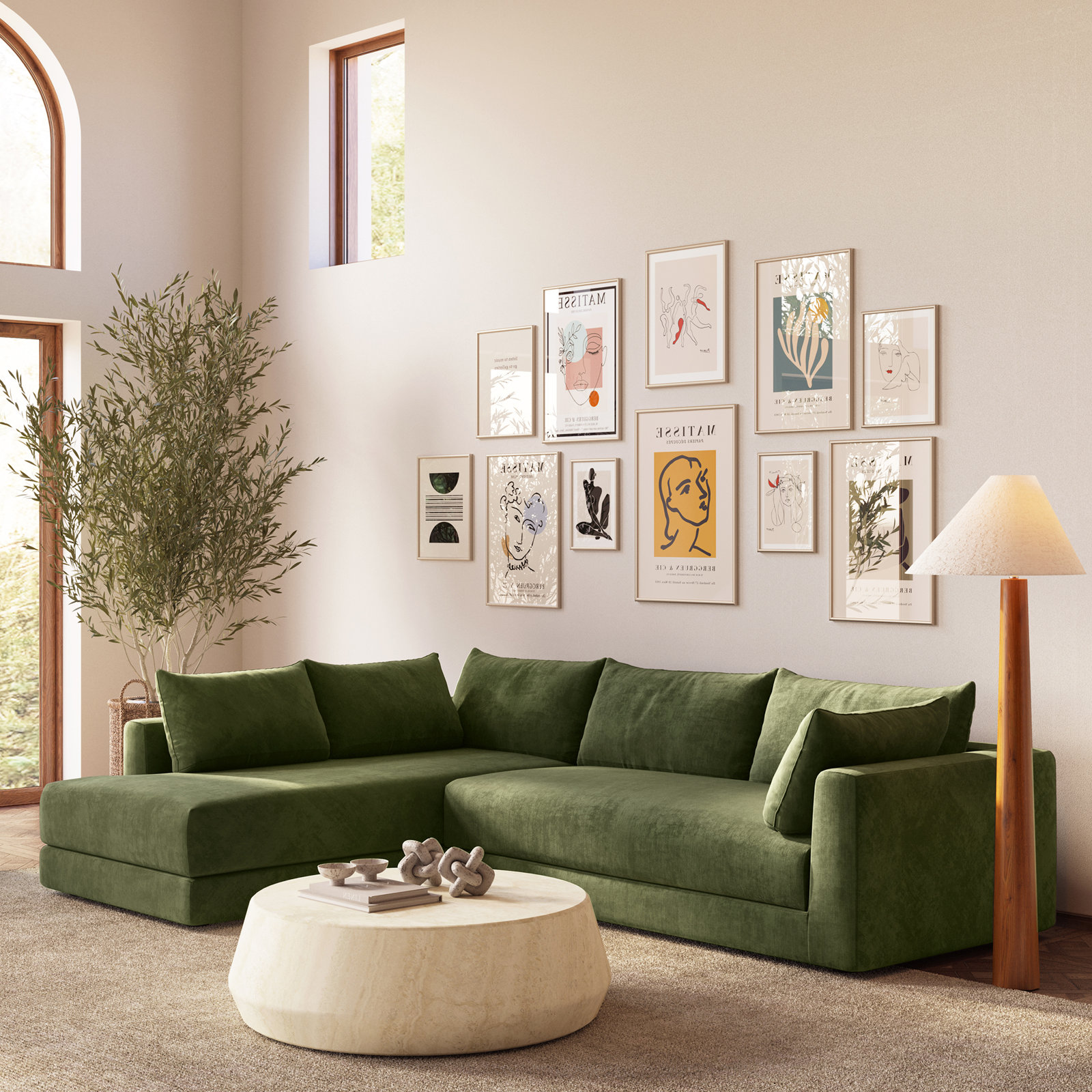 Marcel Velvet Sofa and Chaise, Sagano Green Fabric, Left Hand Facing