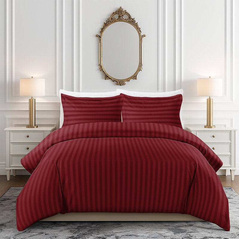 Microfiber Striped Duvet Cover Set with Matching Pillowcases and Stripe Fitted Sheet, Burgundy