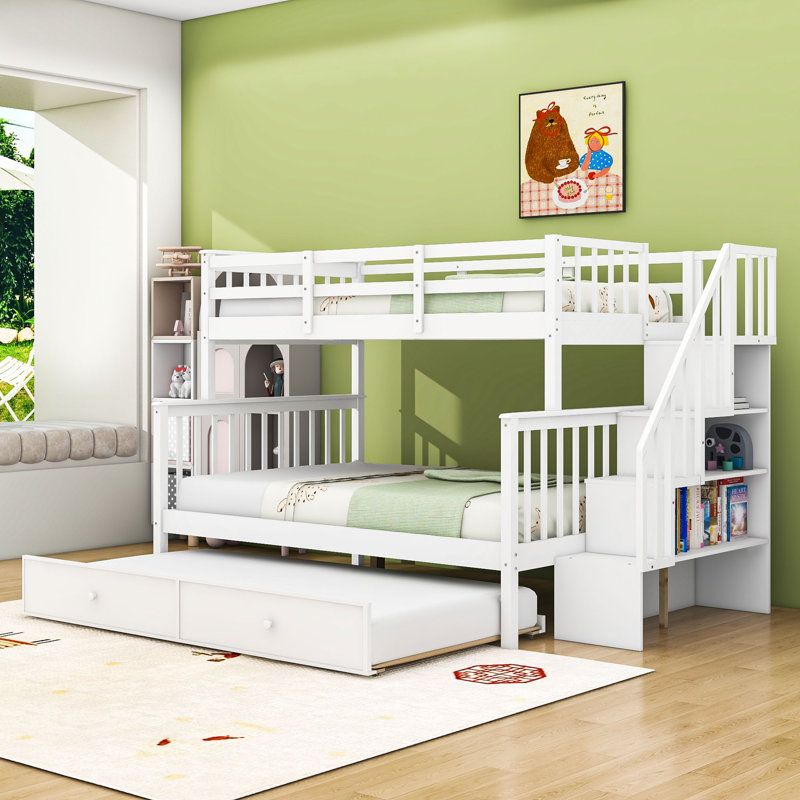 Lit superposé simple en bois avec lit gigogne et tablettes de rangement, Blanc