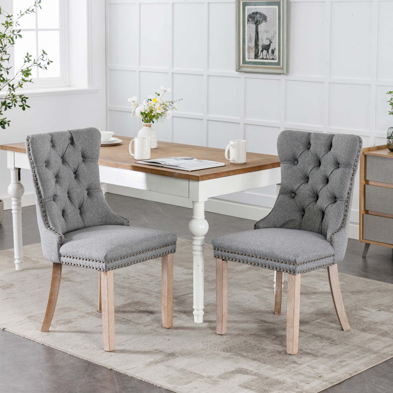 Solid Wood Flax Upholstered Linen Dining Chair, Grey
