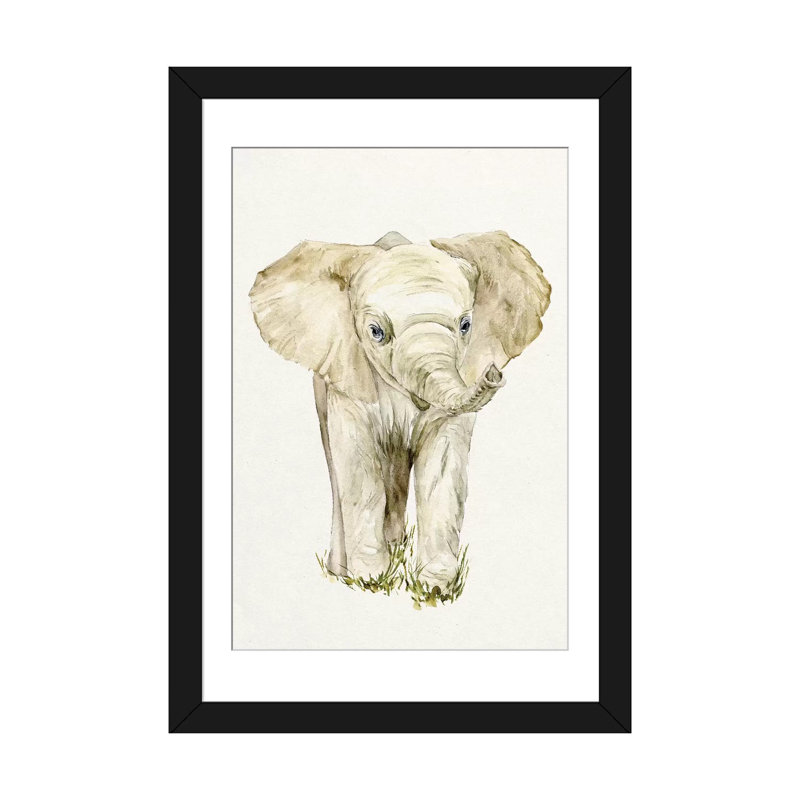 «Baby Elephant II», reproduction d'aquarelle sur toile, Papier d'art encadré noir, Blanc, H 32 po x l 24 po x P 1 po