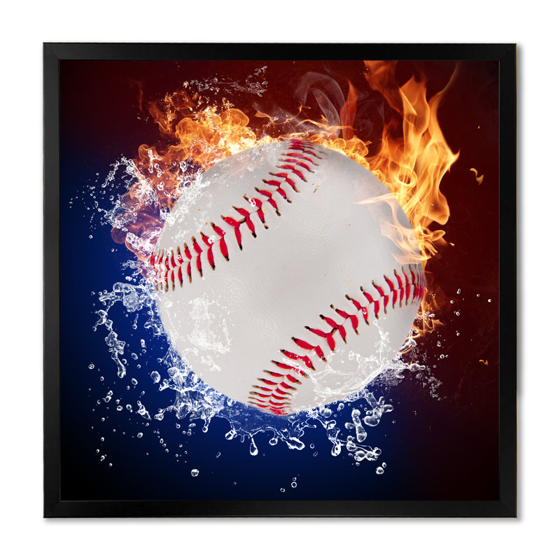 Baseball Ball In Fire Flames - on, Impression noire sur toile encadrée, H 16 po x l 16 po x P 1 po