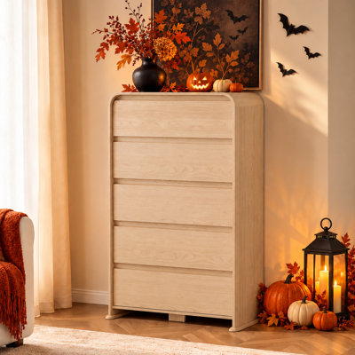 15.75" Wide 5 Drawer Dresser for Bedroom, Tall Narrow Wood Chest of Drawers, Vertical Storage Organizer with Deep Drawers, Modern Dresser with Anti-Tip & Metal Slides, Small Space Friendly — Natural