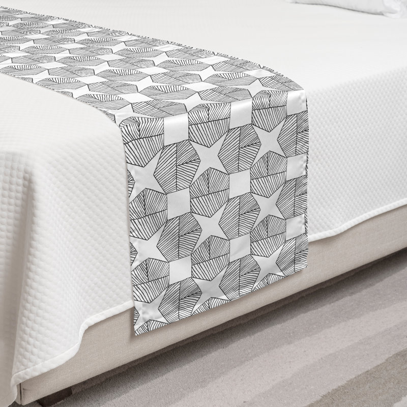 Twin White Geometric Polyester Satin Bed Runner Set