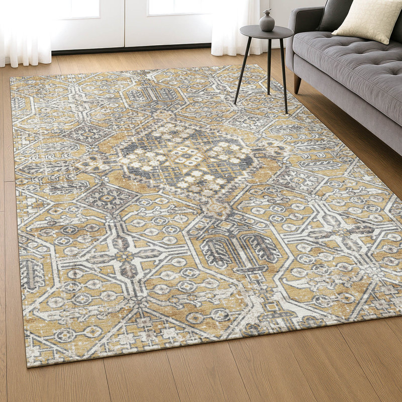 Premium Machine Washable Mayfield AMF2197 global Rug, Gold, 2'6" x 3'10"