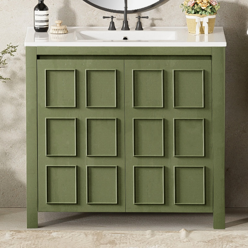 Rangement pour meuble-lavabo 36 po avec lavabo en céramique, Vert olive